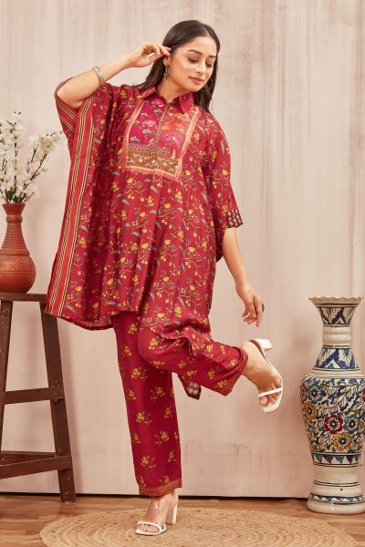 CHANDERI PRINTED KAFTAN WITH FINE COTTON LINER PANT CO- ORDS