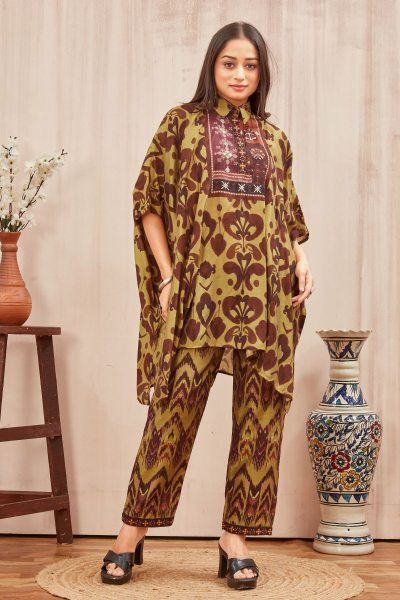 CHANDERI PRINTED KAFTAN WITH FINE COTTON LINER PANT CO- ORDS