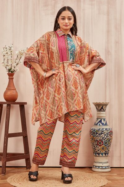 CHANDERI PRINTED KAFTAN WITH FINE COTTON LINER PANT CO- ORDS