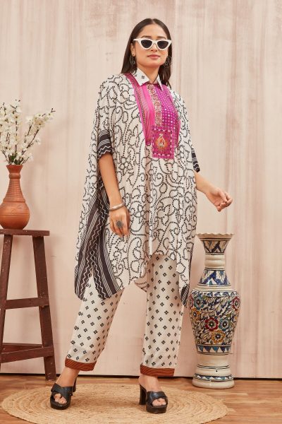 CHANDERI PRINTED KAFTAN WITH FINE COTTON LINER PANT CO- ORDS