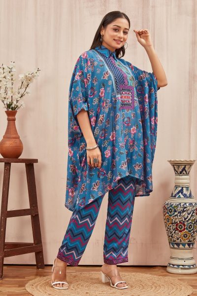 CHANDERI PRINTED KAFTAN WITH FINE COTTON LINER PANT CO- ORDS