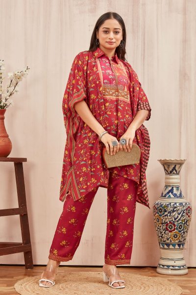 CHANDERI PRINTED KAFTAN WITH FINE COTTON LINER PANT CO- ORDS