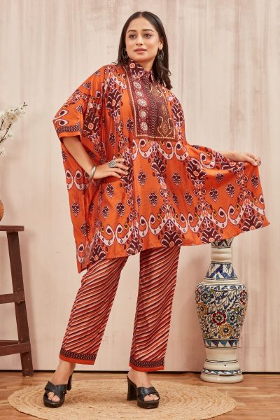 CHANDERI PRINTED KAFTAN WITH FINE COTTON  LINER PANT CO- ORDS