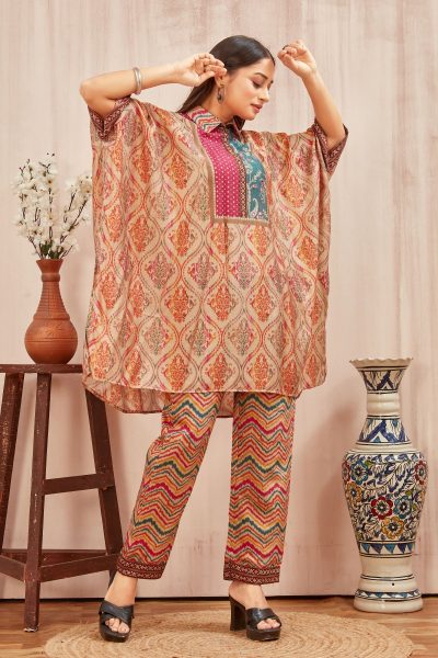 CHANDERI PRINTED KAFTAN WITH FINE COTTON LINER PANT CO- ORDS