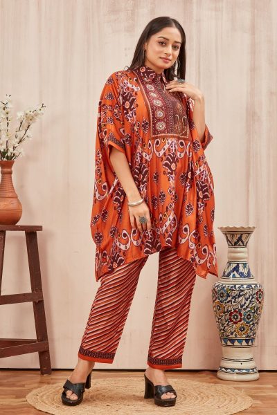 CHANDERI PRINTED KAFTAN WITH FINE COTTON  LINER PANT CO- ORDS