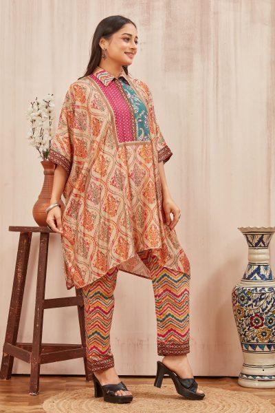 CHANDERI PRINTED KAFTAN WITH FINE COTTON LINER PANT CO- ORDS