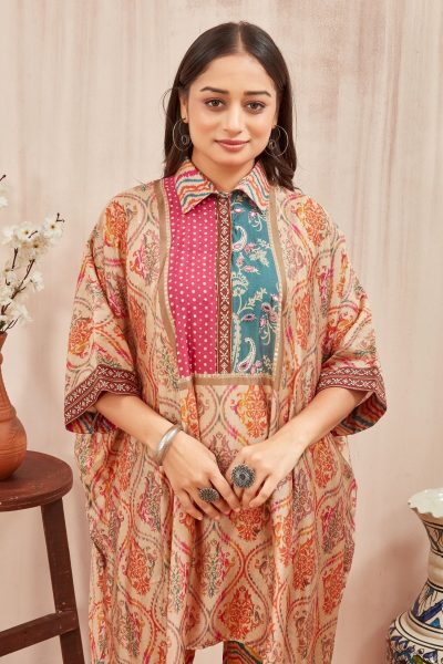 CHANDERI PRINTED KAFTAN WITH FINE COTTON LINER PANT CO- ORDS