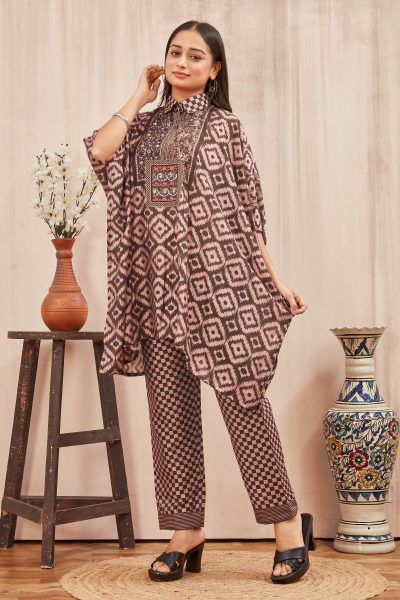 CHANDERI PRINTED KAFTANWITH FINE COTTON LINER PANT CO- ORDS