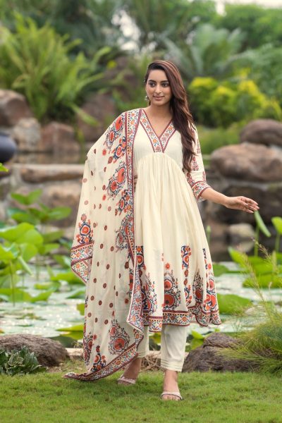 FLORAL PRINTED PLEATED ANARKALI KURTA WITH DUPATTA ANARKALI DRESS