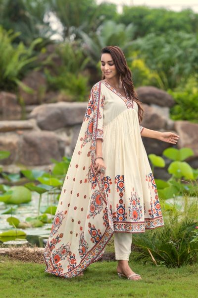 FLORAL PRINTED PLEATED ANARKALI KURTA WITH DUPATTA ANARKALI DRESS