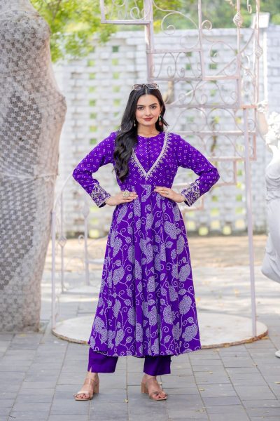 Purple color bandhej print  Anarkali Suit 