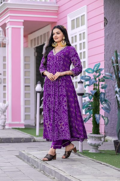 Purple color Bandhej print Suit ANARKALI DRESS