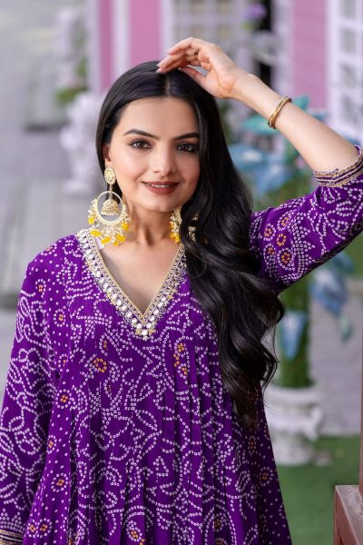 Purple color Bandhej print Suit ANARKALI DRESS