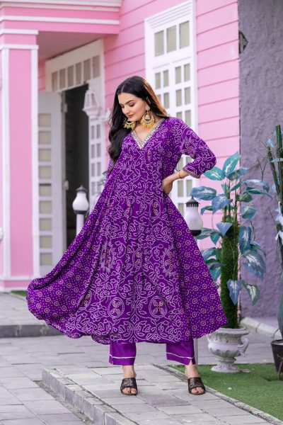 Purple color Bandhej print Suit ANARKALI DRESS