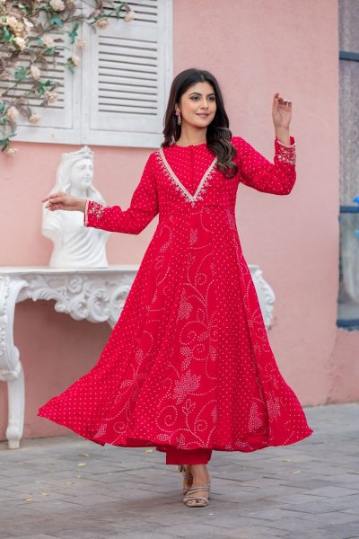 Red color Bandhej print Anarkali suit 