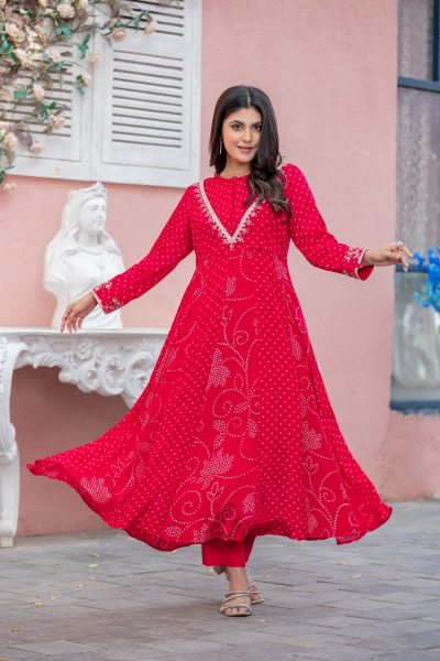 Red color Bandhej print Anarkali suit ANARKALI DRESS