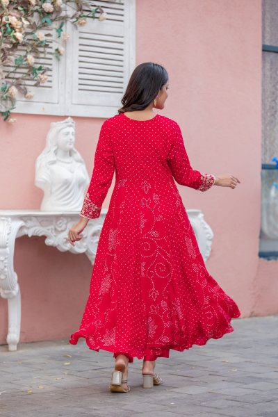 Red color Bandhej print Anarkali suit ANARKALI DRESS